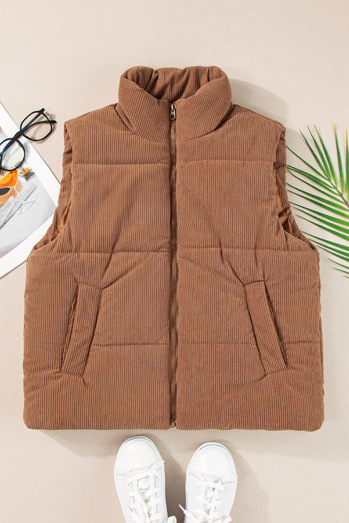 Textured Corduroy Stand Neck Zipped Puffer Vest