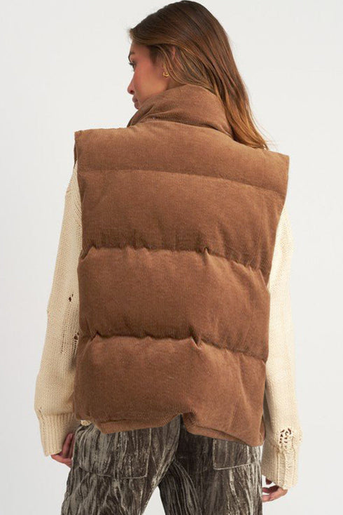 Textured Corduroy Stand Neck Zipped Puffer Vest
