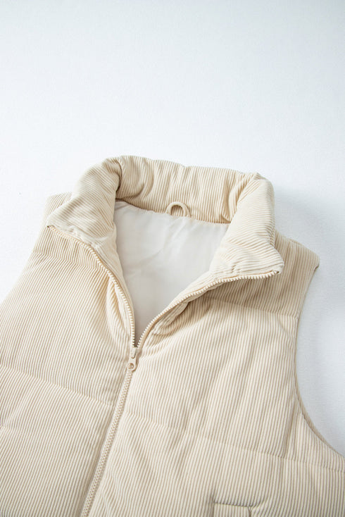 Textured Corduroy Stand Neck Zipped Puffer Vest