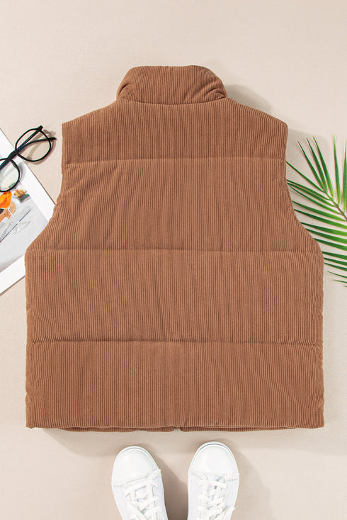 Textured Corduroy Stand Neck Zipped Puffer Vest