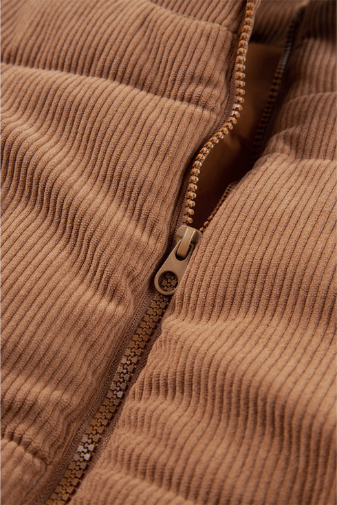 Textured Corduroy Stand Neck Zipped Puffer Vest