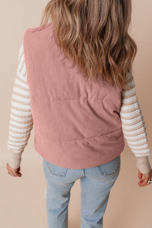 Textured Corduroy Stand Neck Zipped Puffer Vest