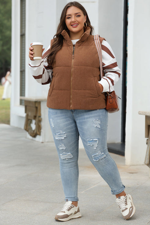 Textured Corduroy Stand Neck Zipped Puffer Vest