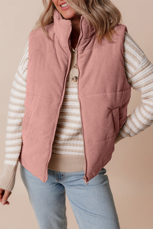 Textured Corduroy Stand Neck Zipped Puffer Vest