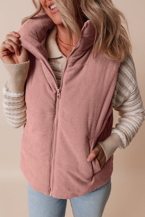 Textured Corduroy Stand Neck Zipped Puffer Vest