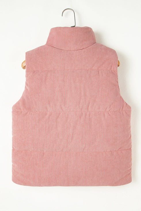 Textured Corduroy Stand Neck Zipped Puffer Vest
