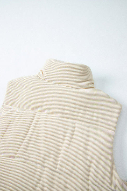Textured Corduroy Stand Neck Zipped Puffer Vest