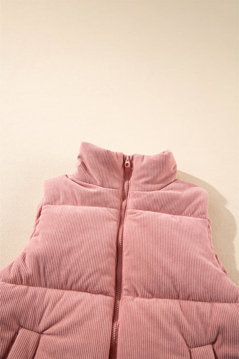 Textured Corduroy Stand Neck Zipped Puffer Vest