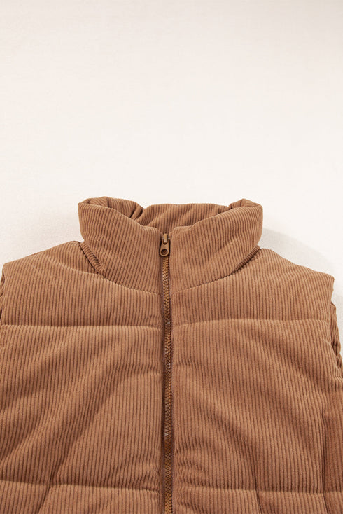Textured Corduroy Stand Neck Zipped Puffer Vest
