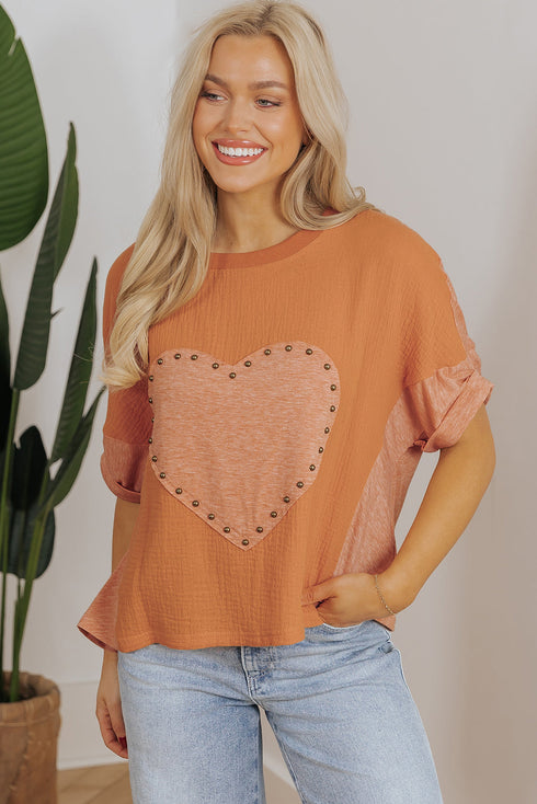 Textured Cotton Dolman Sleeve Studded Heart Graphic Top