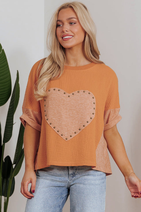 Textured Cotton Dolman Sleeve Studded Heart Graphic Top