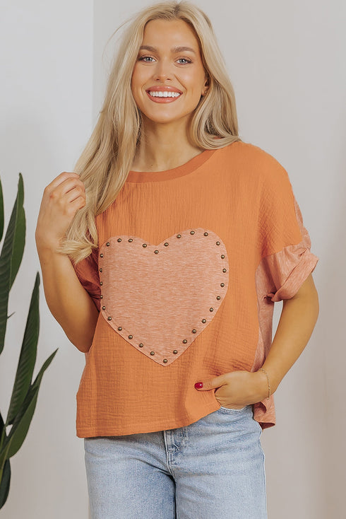 Textured Cotton Dolman Sleeve Studded Heart Graphic Top