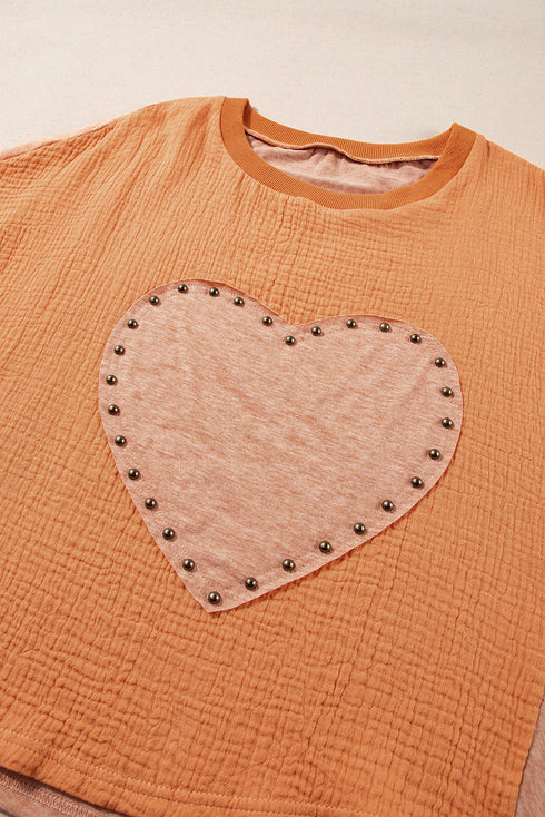 Textured Cotton Dolman Sleeve Studded Heart Graphic Top
