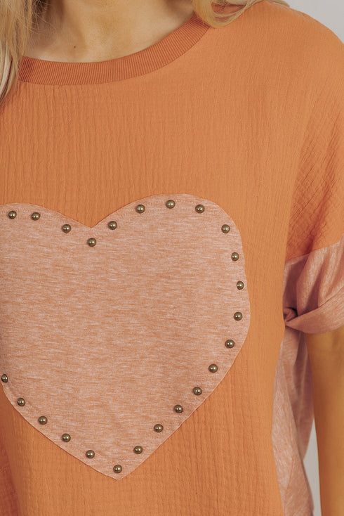 Textured Cotton Dolman Sleeve Studded Heart Graphic Top