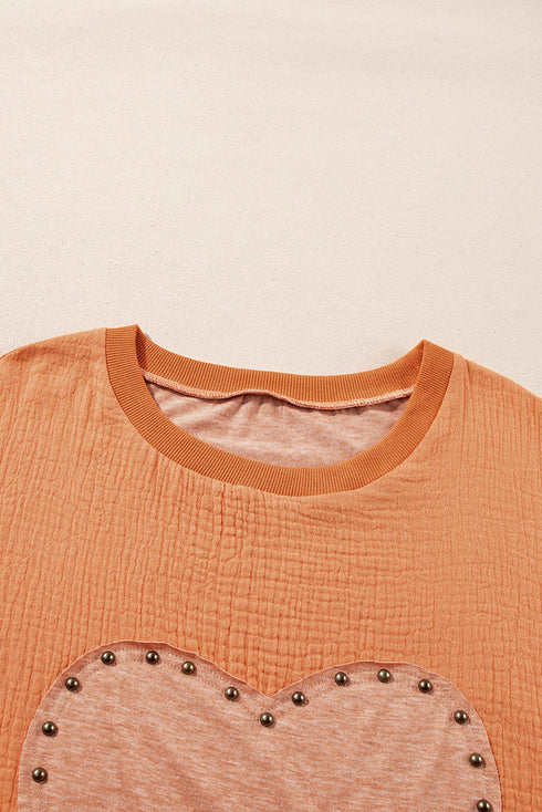 Textured Cotton Dolman Sleeve Studded Heart Graphic Top