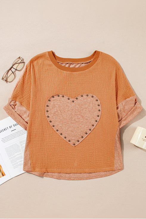 Textured Cotton Dolman Sleeve Studded Heart Graphic Top