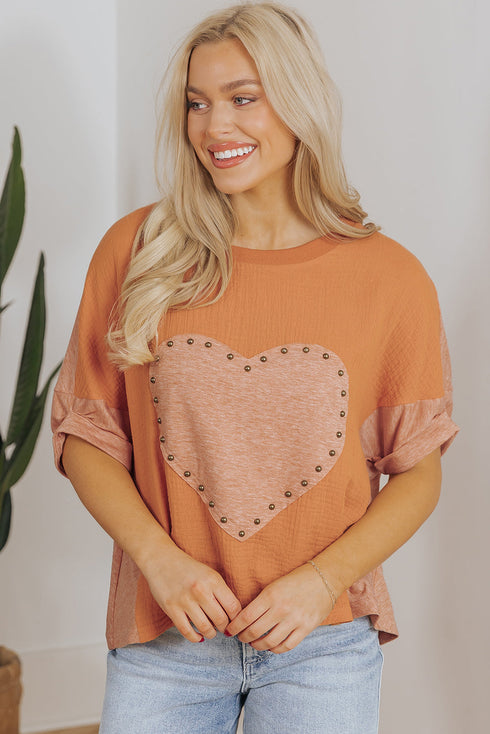 Textured Cotton Dolman Sleeve Studded Heart Graphic Top