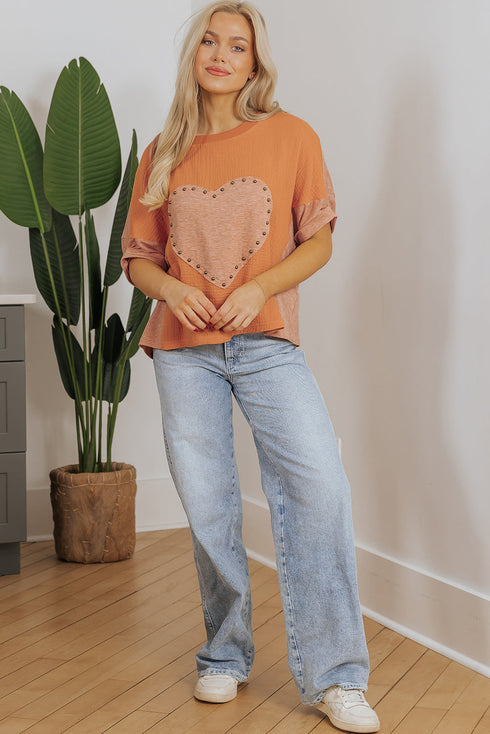 Textured Cotton Dolman Sleeve Studded Heart Graphic Top