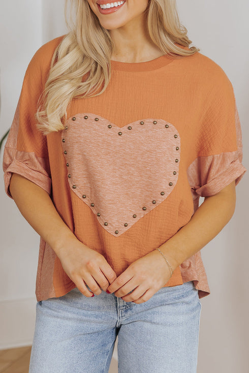 Textured Cotton Dolman Sleeve Studded Heart Graphic Top