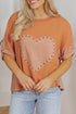 Textured Cotton Dolman Sleeve Studded Heart Graphic Top