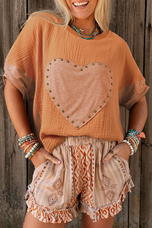 Textured Cotton Dolman Sleeve Studded Heart Graphic Top