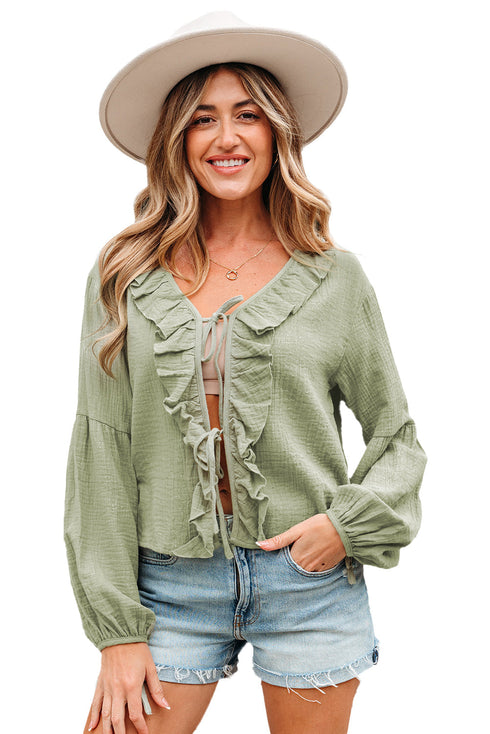 Textured Cotton Gauze Ruffle Trim Tie Front Blouse