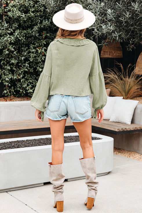 Textured Cotton Gauze Ruffle Trim Tie Front Blouse