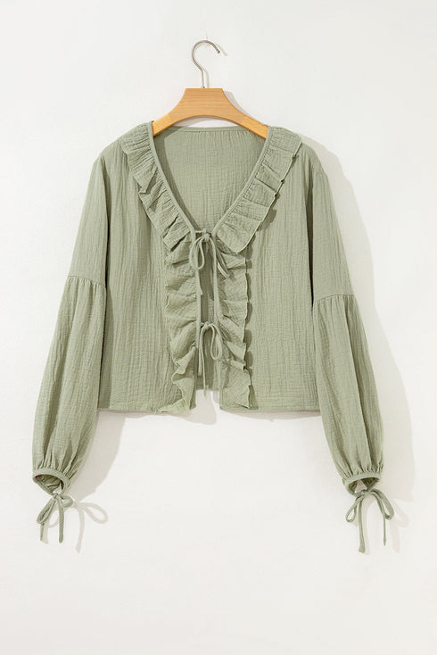 Textured Cotton Gauze Ruffle Trim Tie Front Blouse