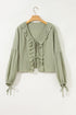 Textured Cotton Gauze Ruffle Trim Tie Front Blouse
