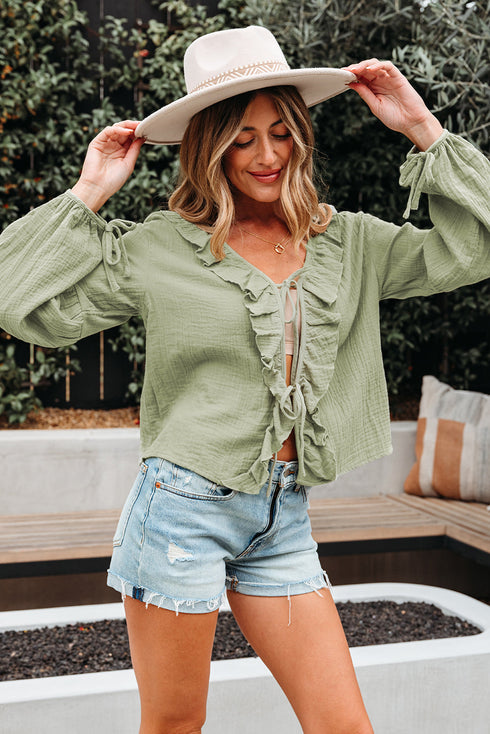 Textured Cotton Gauze Ruffle Trim Tie Front Blouse