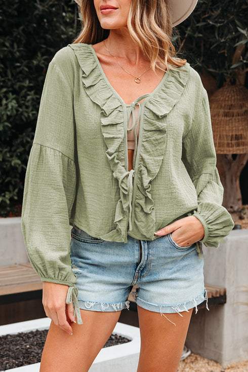 Textured Cotton Gauze Ruffle Trim Tie Front Blouse