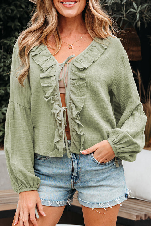 Textured Cotton Gauze Ruffle Trim Tie Front Blouse