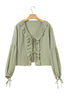Textured Cotton Gauze Ruffle Trim Tie Front Blouse