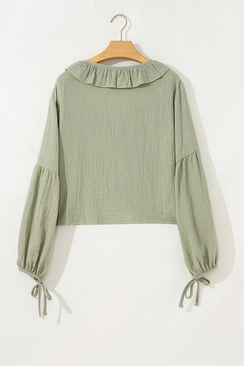 Textured Cotton Gauze Ruffle Trim Tie Front Blouse