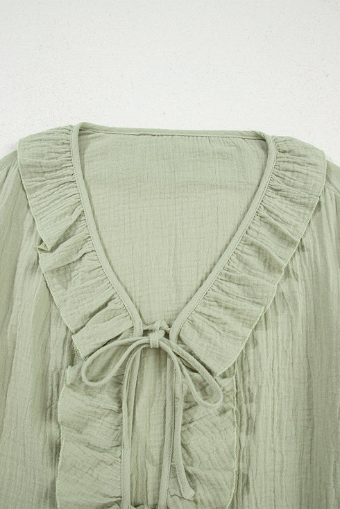Textured Cotton Gauze Ruffle Trim Tie Front Blouse
