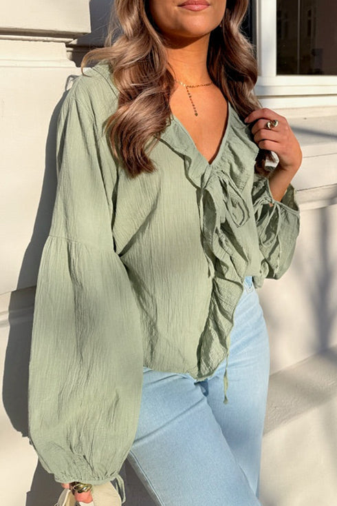 Textured Cotton Gauze Ruffle Trim Tie Front Blouse