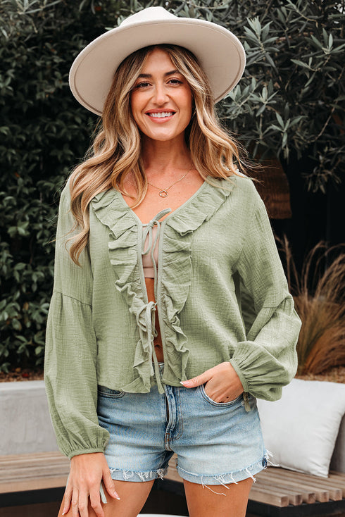 Textured Cotton Gauze Ruffle Trim Tie Front Blouse