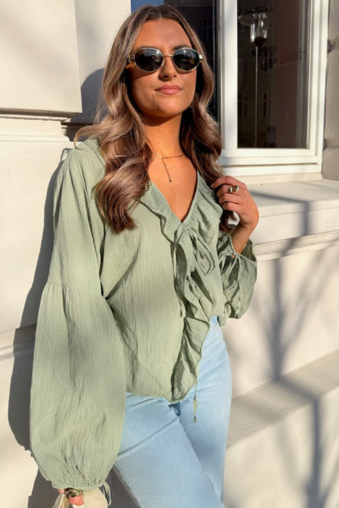 Textured Cotton Gauze Ruffle Trim Tie Front Blouse