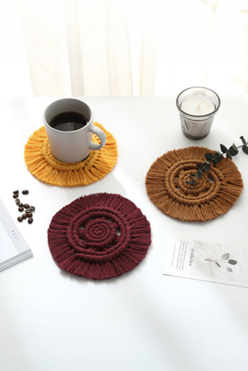 Textured Cotton Macrame Spiral Round Fringe Coaster