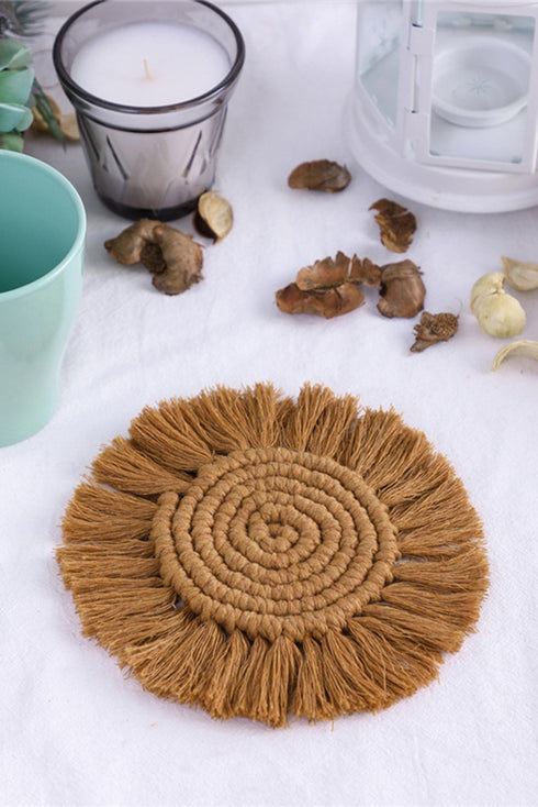 Textured Cotton Macrame Spiral Round Fringe Coaster