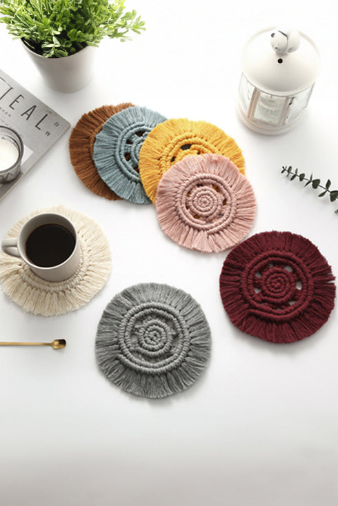 Textured Cotton Macrame Spiral Round Fringe Coaster