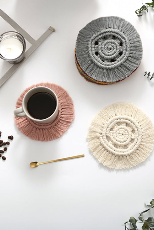 Textured Cotton Macrame Spiral Round Fringe Coaster