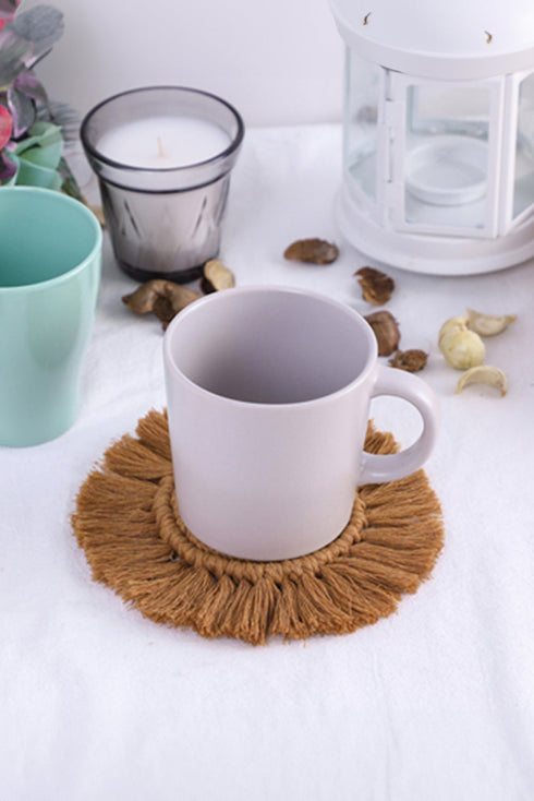 Textured Cotton Macrame Spiral Round Fringe Coaster