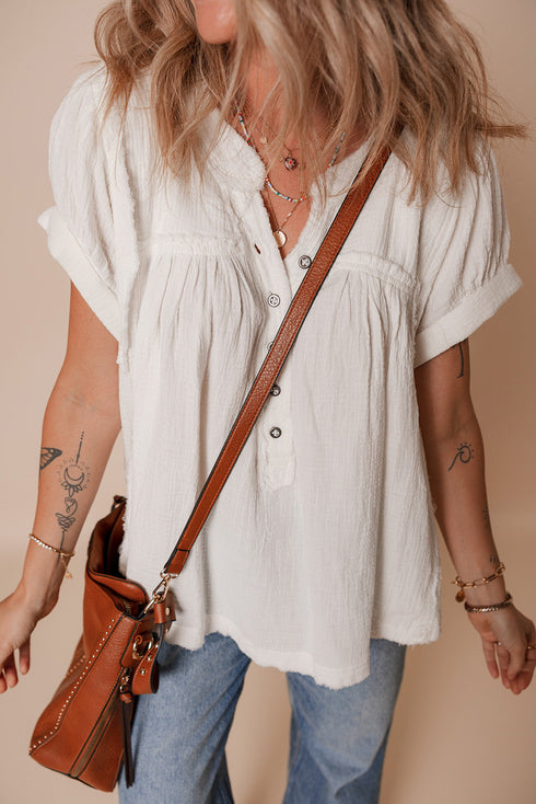 Textured Cotton Short Sleeve Button Up Frayed Edge Blouse