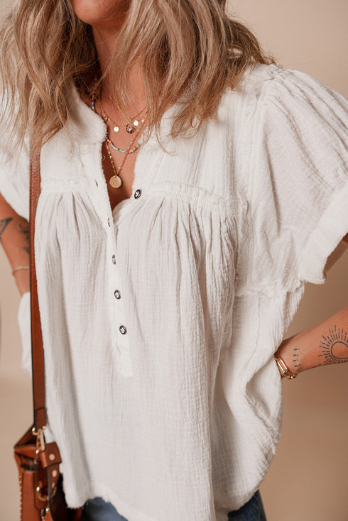 Textured Cotton Short Sleeve Button Up Frayed Edge Blouse