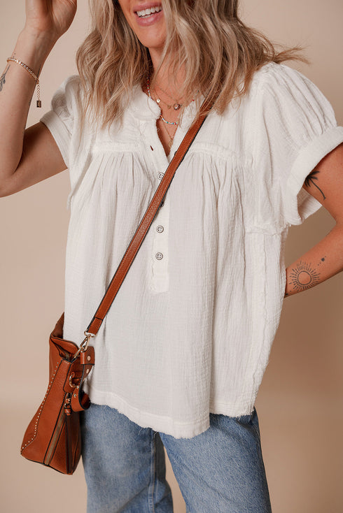 Textured Cotton Short Sleeve Button Up Frayed Edge Blouse
