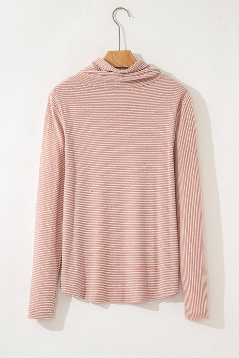 Textured Cowl Neck Drawstring Hem Long Sleeve Knit Top