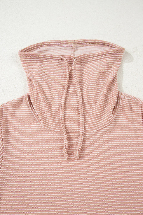 Textured Cowl Neck Drawstring Hem Long Sleeve Knit Top