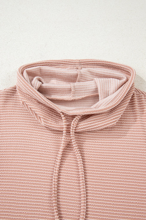 Textured Cowl Neck Drawstring Hem Long Sleeve Knit Top