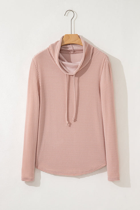 Textured Cowl Neck Drawstring Hem Long Sleeve Knit Top